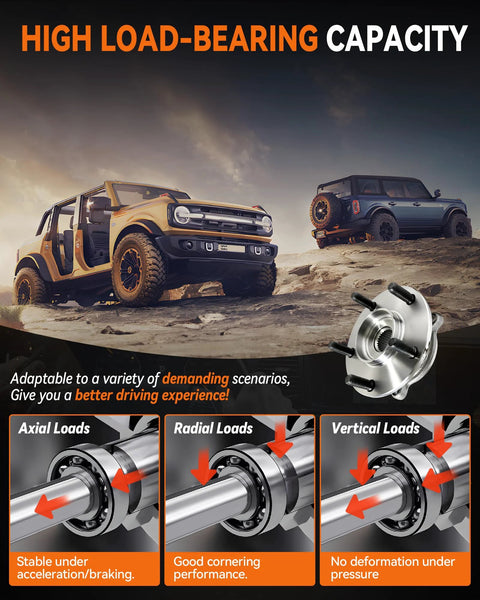 High load-bearing capacity for vehicles, showing two off-road cars and a wheel bearing assembly for stable, efficient performance.