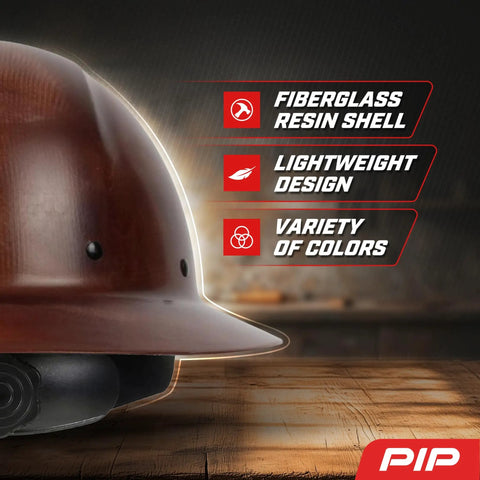 WolfJaw Fiberglass Full Brim Hard Hat With Wheel Ratchet displaying fiberglass resin shell and features