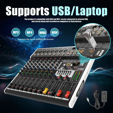 8 Channel Bluetooth Audio Mixer With 48V Phantom Power, 99 DSP Effects showing USB support and connection panel
