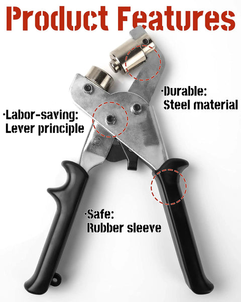 DIY Grommet Kit With 3/8 Inch Metal Grommets, Hand Press Tool, focus on pliers with rubber sleeve and steel material features