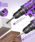 20V Cordless Drill With Fast Charging Battery And Keyless Chuck Purple features two speed options for drilling and screwing.
