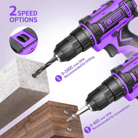 20V Cordless Drill With Fast Charging Battery And Keyless Chuck Purple features two speed options for drilling and screwing.