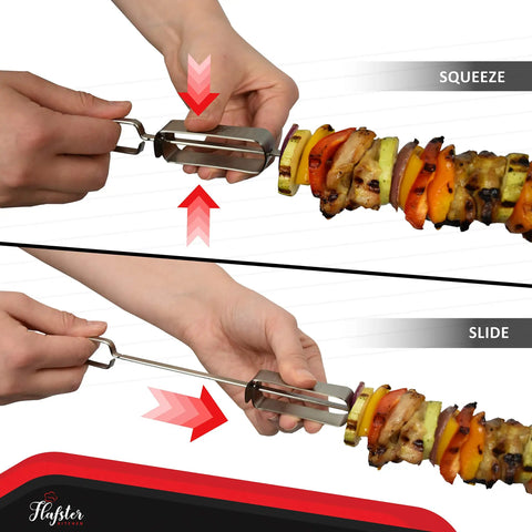 Flat 16 Inch Kabob Skewers With Push Bar For Grilling And Camping, demonstrating push bar sliding mechanism with food