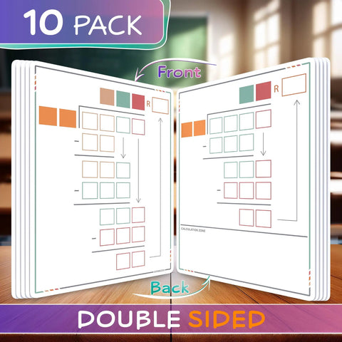 Long Division Practice Dope Dry Erase Sheets 11x14 Reusable Math Manipulatives For Classroom Centers 10 Pack displayed on desk