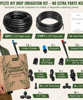Expandable DIY Drip Irrigation Kit For Raised Beds With Push To Connect Fittings displayed with components and box