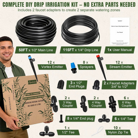Expandable DIY Drip Irrigation Kit For Raised Beds With Push To Connect Fittings displayed with components and box