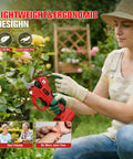 Heavy Duty Cordless Pruning Shears With 1.6 Inch Cut Compatible With Milwaukee 18v Packs Featuring Tough Sk7 Blades And Lcd Display For No Sweat Garden Projects, woman using pruning shears on roses.