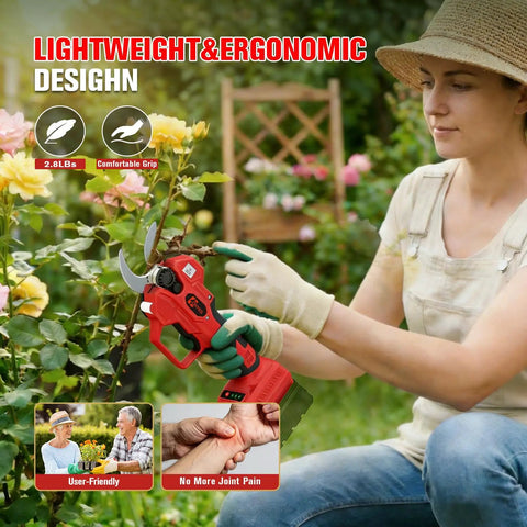 Heavy Duty Cordless Pruning Shears With 1.6 Inch Cut Compatible With Milwaukee 18v Packs Featuring Tough Sk7 Blades And Lcd Display For No Sweat Garden Projects, woman using pruning shears on roses.