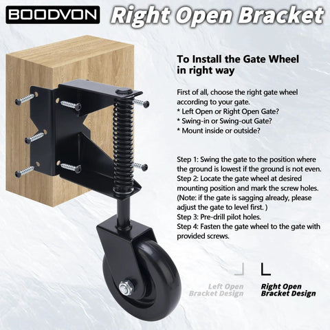 Right open bracket heavy duty gate wheel casters for outdoor wooden and fence gates, spring loaded wheel with 360 degree swivel