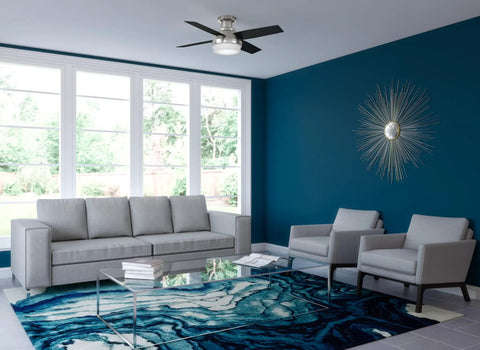Living room with 44 Inch Indoor Ceiling Fan With LED Light And Remote Control Dope Low Profile Flush Mount Brushed Nickel With 4 Black Oak Blades