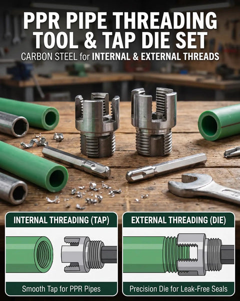 Heavy Duty Water Pipe Wrench Dual Function Threading Tool For 1/2 And 3/4 Inch Non Metallic Pipes with carbon steel dies for precision cutting.