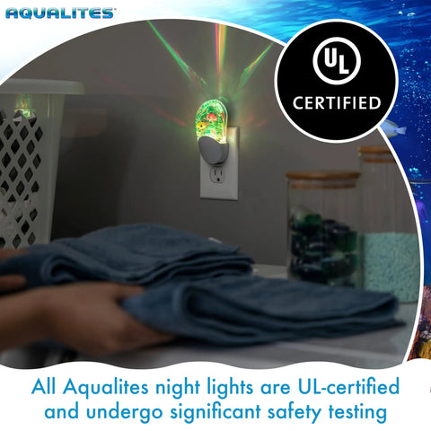 Tropical Aquarium LED Night Light With Color Changing Glow Plug In Light Sensing Auto On Off Kid Friendly Underwater Fish Scene For Bedroom Playroom And Bathroom, UL certified, illuminating a room.