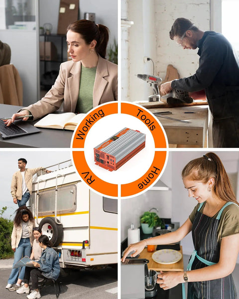 Workhorse 2000W Pure Sine Wave Inverter For RVs And Trucks, 12V DC To 120V AC, shown in various use scenarios: office, workshop, RV, kitchen.