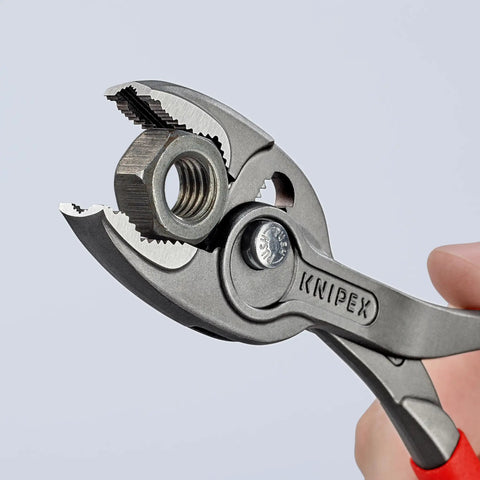 TwinGrip Pliers 6 Inch With Front And Side Gripping For Stripped Screws gripping hex nut, showing front jaw grip detail