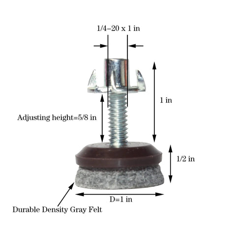 24 Pack Adjustable Furniture Leveling Feet With Quarter Twenty Threaded Stems And Soft Gray Felt Pads for tables and chairs.