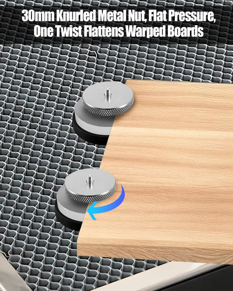 Laser Cutter Riser Set With Half Inch Precision Lift, 43mm Heavy Duty Magnet, Clear Acrylic Spacer And Metal Knurled Nut For Honeycomb Bed, Anti Flashback Material Hold Down, 6 Pack shown flattening wooden board on honeycomb bed.