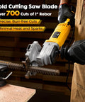 Pro Grade Electric Rebar Cutter Saw Kit With 1100W 120V 60Hz being used to cut 1-inch rebar, producing cool, spark-free cuts.