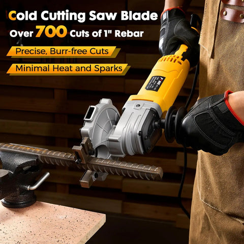 Pro Grade Electric Rebar Cutter Saw Kit With 1100W 120V 60Hz being used to cut 1-inch rebar, producing cool, spark-free cuts.