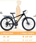 Kids 24 Inch Mountain Bike With Front Suspension, 21 Speed Drivetrain, Dual Disc Brakes, Rear Rack, Black, sizing guide
