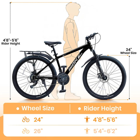 Kids 24 Inch Mountain Bike With Front Suspension, 21 Speed Drivetrain, Dual Disc Brakes, Rear Rack, Black, sizing guide