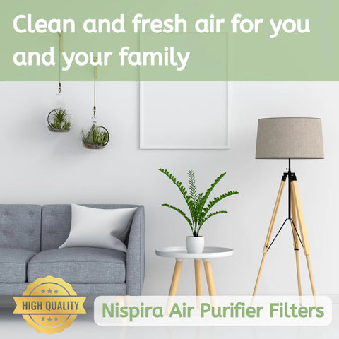 Premium True HEPA Carbon Four Pack Pre Filter Set For Sears Kenmore Air Purifiers in a modern living room setup with plants and lamp