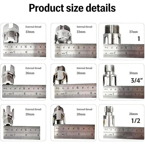 Product size details of Four In One Pipe Wrench And Threader Kit For PVC Pipes, displaying various thread measurements.
