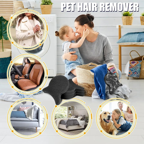 Reusable Laundry Hair Remover Tool For Dogs And Cats, 4 Pack shown near laundry basket, clothes, and images of fabric care use
