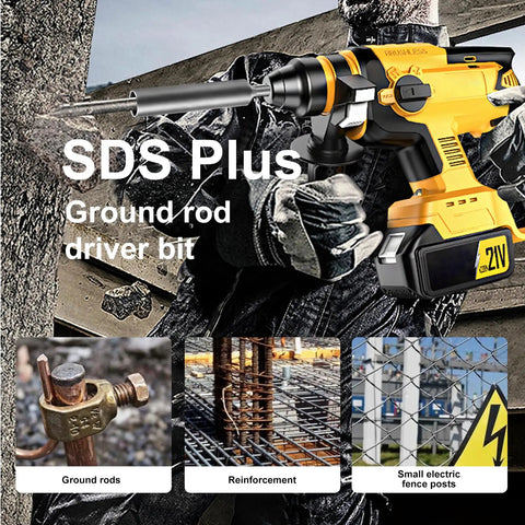 Worker using SDS Plus drill with Ground Rod Driver For Five Eighths To Three Quarters Inch Rods, showing steel construction.