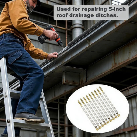 All In One Gutter Repair Kit With 22 Pcs 8 Inch Screws And 22 Stainless Steel Sleeves For 6 Inch Roof Gutters Heavy Duty Rust Resistant Fasteners shown in use for 5-inch roof drainage.