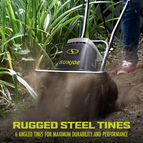 Corded Electric Garden Tiller And Cultivator With Steel Tines, 16 Inch Width And 13.5 Amp Motor Delivers 370 RPM in action