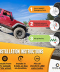 Image showing Jeep on rocky terrain with Emergency Tubeless Tire Valve Stem Replacement Kit Installs From Outside The Wheel In Under 1 Minute No Tools Required Fits Most Standard 0.453 Inch Wheel Openings 360 Brass Components Made In USA installation instructions.