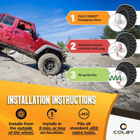 Image showing Jeep on rocky terrain with Emergency Tubeless Tire Valve Stem Replacement Kit Installs From Outside The Wheel In Under 1 Minute No Tools Required Fits Most Standard 0.453 Inch Wheel Openings 360 Brass Components Made In USA installation instructions.