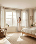 Rich Natural Linen Blend Farmhouse Curtains, 52 By 90 Inches, Two Panels, Rod Pocket And Back Tab Privacy With Light Filtering installed in bedroom