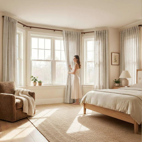 Rich Natural Linen Blend Farmhouse Curtains, 52 By 90 Inches, Two Panels, Rod Pocket And Back Tab Privacy With Light Filtering installed in bedroom