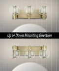 Vintage Refined Bathroom Vanity Light With Brushed Brass Finish, Clear Glass Globe Shades, 21 Inch Three Light G9 Fixture
