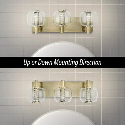 Vintage Refined Bathroom Vanity Light With Brushed Brass Finish, Clear Glass Globe Shades, 21 Inch Three Light G9 Fixture