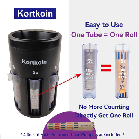 Five In One Automatic Coin Sorter And Counter With Wrappers Quick And Accurate Change Sorting Machine For Home Office And Store Easy To Use Piggy Bank Jar Sorter For US Coins, showing black cylindrical sorter with wrappers, close-up view.