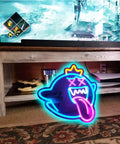Totally Lit Ghost Neon Sign LED Light with dimmable switch, colorful rainbow glow, placed on a wooden shelf near a TV.