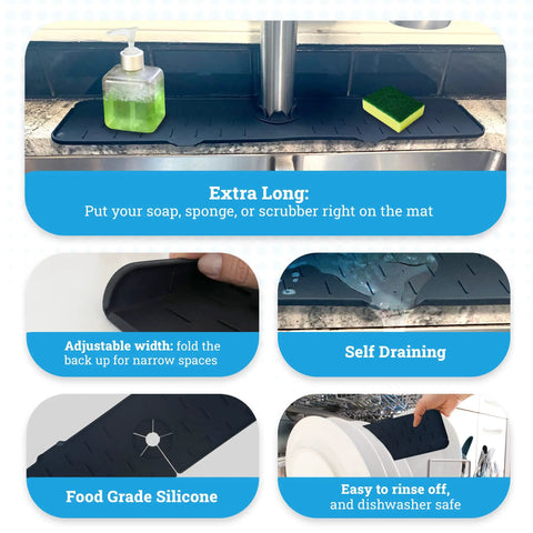Extra Long 24 Inch Silicone Kitchen Sink Splash Guard That Keeps Counters Clean And Dry With Built In Backsplash Protection