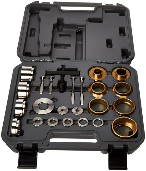 Crankshaft And Camshaft Seal Tool Kit For Auto Repair with compact pro grade puller and hooked sleeves in molded case.