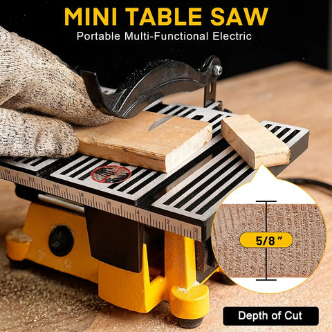 Compact Mini Table Saw With Three Blades 90W Desktop Miter Saw For DIYers And Craft Lovers Cutting Metal Wood Ceramic Tile PCB And Acrylic In Tight Spaces Space Saving Design, close-up view with ruler showing depth of cut