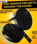 Heavy Duty Hook And Loop Tape Roll With Super Sticky Adhesive Backing Badass Industrial Fastening Strips That Cling Like Crazy And Rip Clean In Black One Inch, showcasing waterproof, extra-strong adhesive rolls.