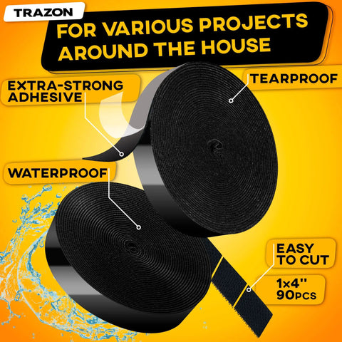 Heavy Duty Hook And Loop Tape Roll With Super Sticky Adhesive Backing Badass Industrial Fastening Strips That Cling Like Crazy And Rip Clean In Black One Inch, showcasing waterproof, extra-strong adhesive rolls.