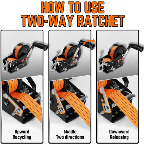 3500 Lb Heavy Duty Boat Trailer Winch With 33 Ft Polyester Strap, Dual Speed 4 To 1 And 8 To 1 Gear Ratios, Two Way Ratchet, Easy Load And Haul For Boats showing two-way ratchet use