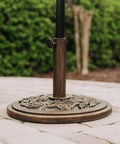 Heavy 20 Pound Patio Umbrella Base Stand With Antique Bronze Rose Medallion Finish Fits 1.5 To 1.9 Inch Poles With Adapters