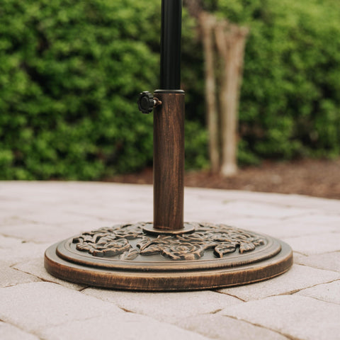 Heavy 20 Pound Patio Umbrella Base Stand With Antique Bronze Rose Medallion Finish Fits 1.5 To 1.9 Inch Poles With Adapters
