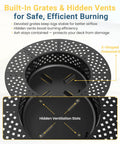 Diagram of Three In One Extra Large Outdoor Fire Pit Table showcasing built-in grates and hidden vents for efficient burning.