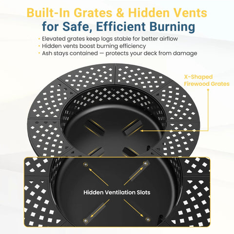 Diagram of Three In One Extra Large Outdoor Fire Pit Table showcasing built-in grates and hidden vents for efficient burning.
