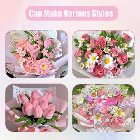 400 Pieces Pipe Cleaners Craft Set With Four Assorted Pink Fluffy Chenille Stems For DIY Flower Making Kit, Floral Wires, Stamen, Ribbon, Gardening Tape, Glue Stick, Instruction Manual, And Gift Packaging For Creative Decor; pink bouquet samples