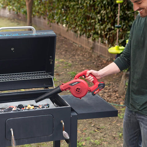 Person using Compact 20V Cordless Mini Blower Kit With 150 MPH Air 62 CFM Handy For Garage Workshop And Patio Cleanup